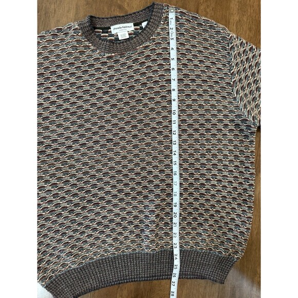 Men’s Italian Knit Sweater Brown Geo Textured Cotton Acrylic L 52 Classic Fall - Picture 10 of 12